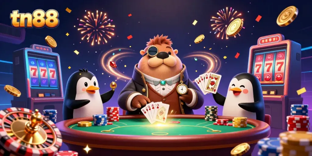 Total fun with tn88 at an underwater poker table featuring a walrus, penguin dealer, and pufferfish player.