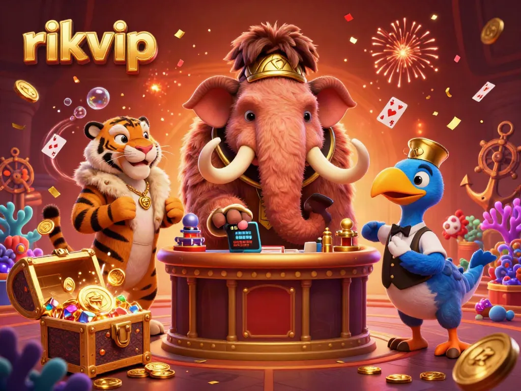 Experience excitement at rikvip casino with a cartoon scene featuring lively characters and colorful casino elements.