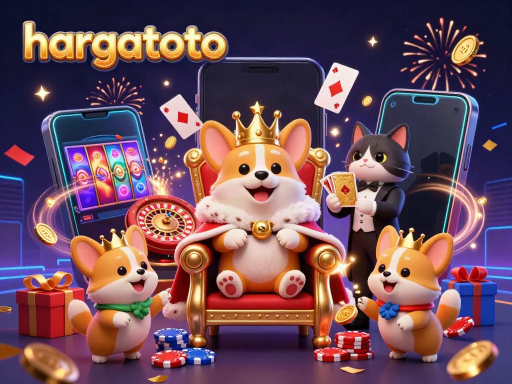 Join the festive HARGATOTO scene featuring a royal corgi on a poker throne with a cat butler presenting cards, capturing the excitement of the casino.