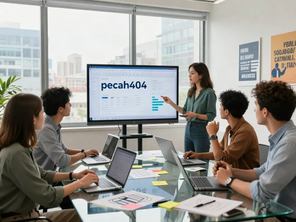 Team discussing digital marketing strategies focused on the keyword pecah404 in a modern setting.