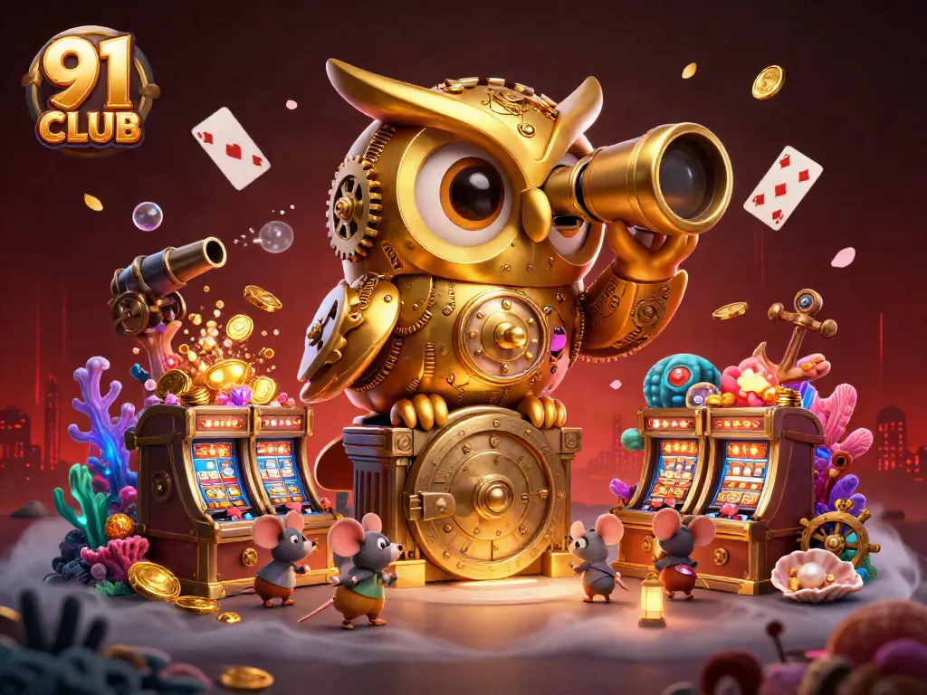 Engage in games at 91 CLUB with a dynamic scene featuring a golden owl and vibrant gaming elements.
