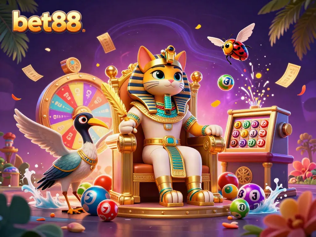 Experience luck at bet88 with an Egyptian pharaoh cat, vibrant lottery elements, and a dynamic casino atmosphere.