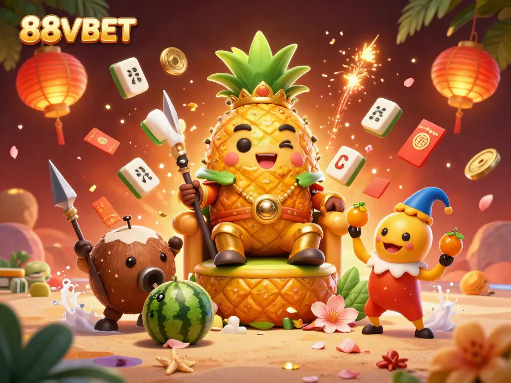 Engage with 88VBET in this vibrant casino scene featuring a golden pineapple king and dynamic gaming elements.