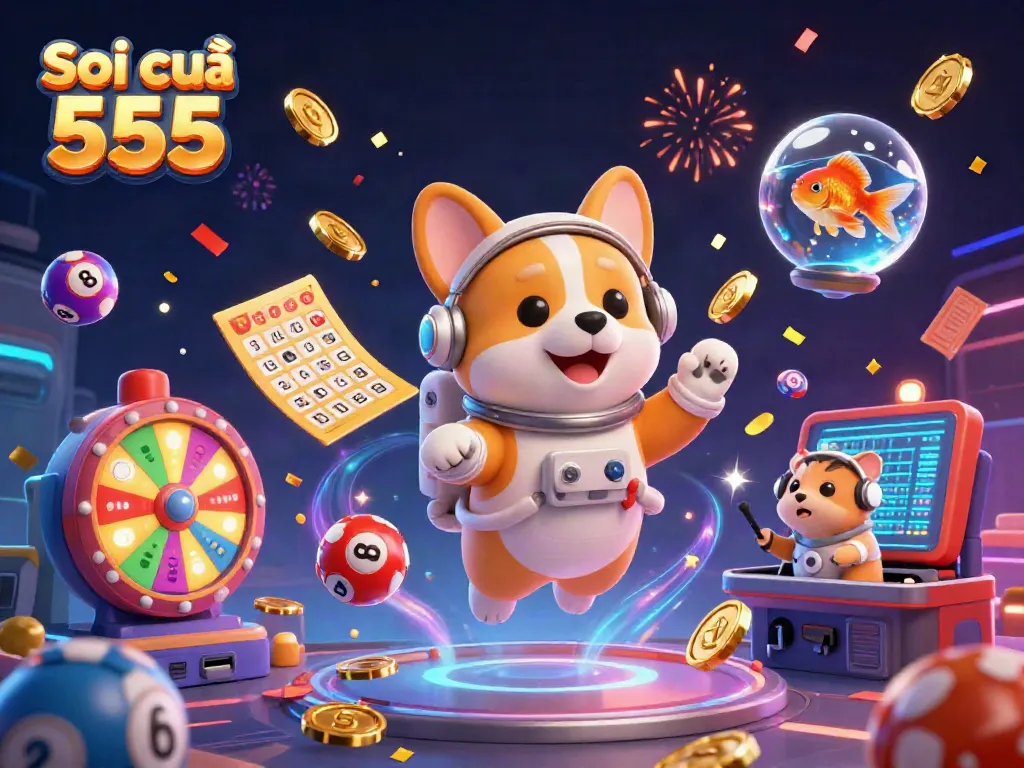 Engage with Soi cầu 555 as colorful lottery balls float among cheerful characters in a dynamic casino scene.