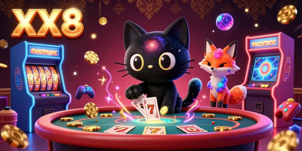 Join the cosmic fun at XX8's vibrant casino with captivating 3D characters and gaming elements.