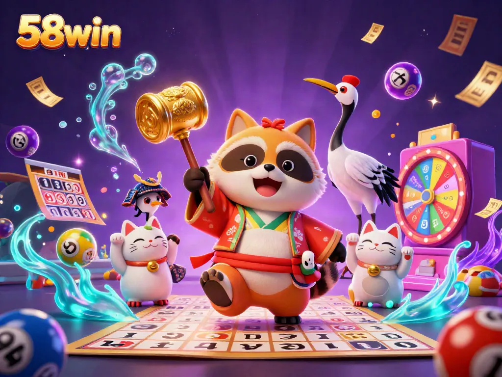 Experience the thrill and excitement of 58win as characters celebrate with colorful lottery elements in a vibrant casino setting.