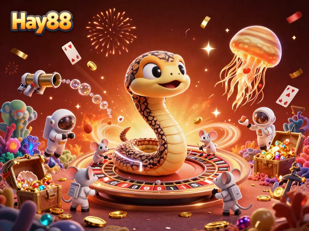 Experience thrilling gambling at Hay88 with animated casino characters in a vibrant cosmic scene.