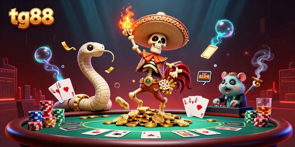 Experience tg88's vibrant casino world with animated characters amidst poker chips and cards.