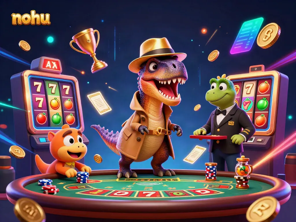 Experience thrilling slots with nohu as a velociraptor plays cards at a vibrant casino table.