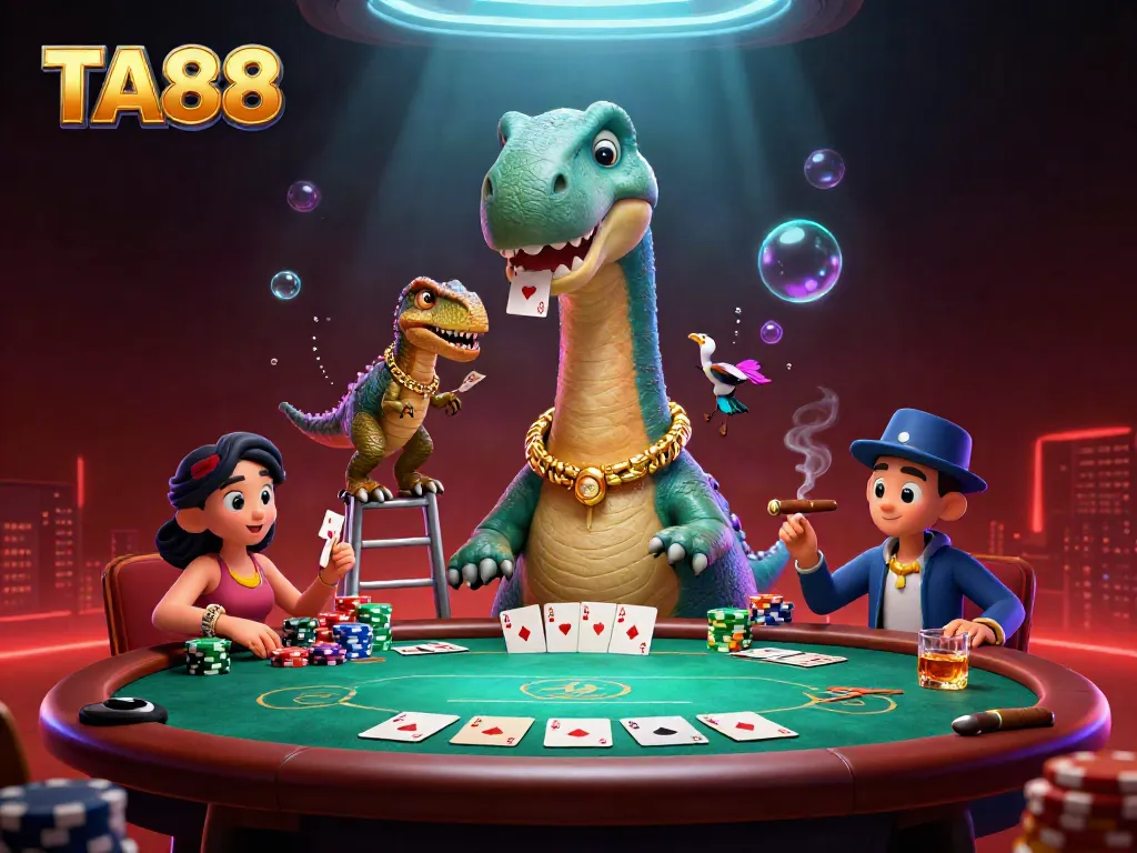 Engage with TA88's vibrant casino atmosphere featuring a whimsical brontosaurus as a dealer in a dynamic poker scene.