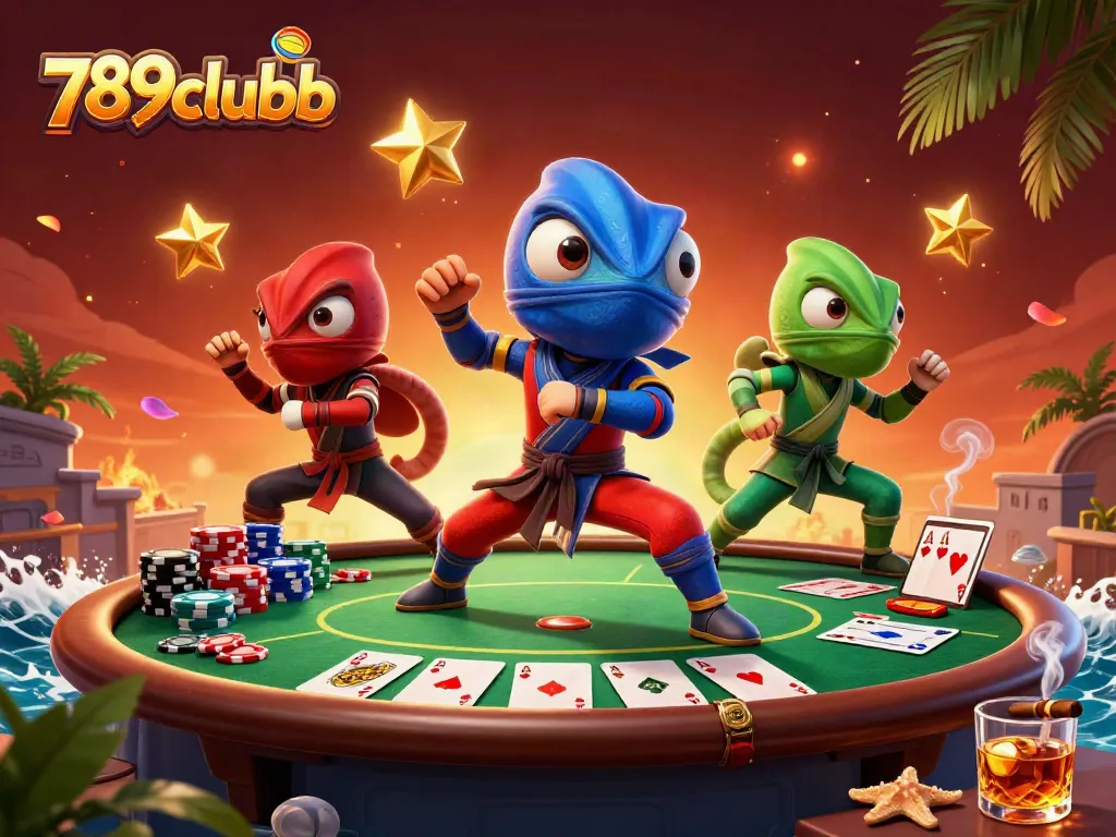 Engage with the vibrant 789clubb poker scene featuring dynamic ninja chameleons and colorful game elements.