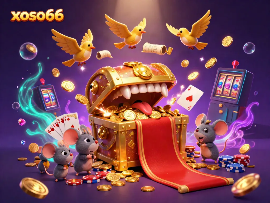 Engage in the thrilling adventure of xoso66 with a treasure chest, coins, and casino games