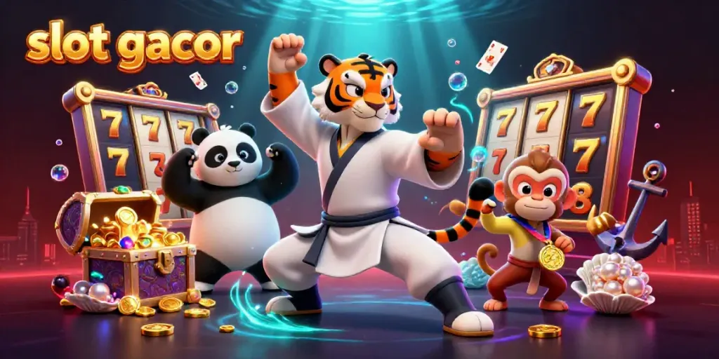 Slot gacor menampilkan tumpukan koin emas dengan karakter kartun kung fu beraksi di latar belakang.