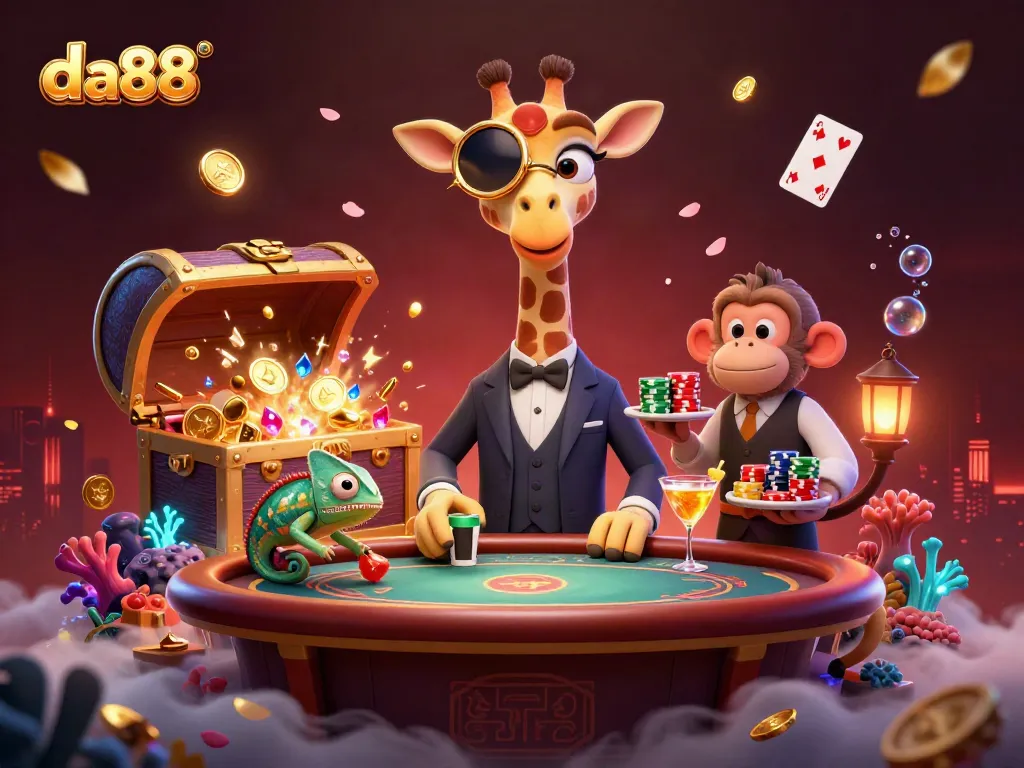Engage in thrilling gaming with da88, featuring a high-roller giraffe, monkey valet, and chameleon bartender.