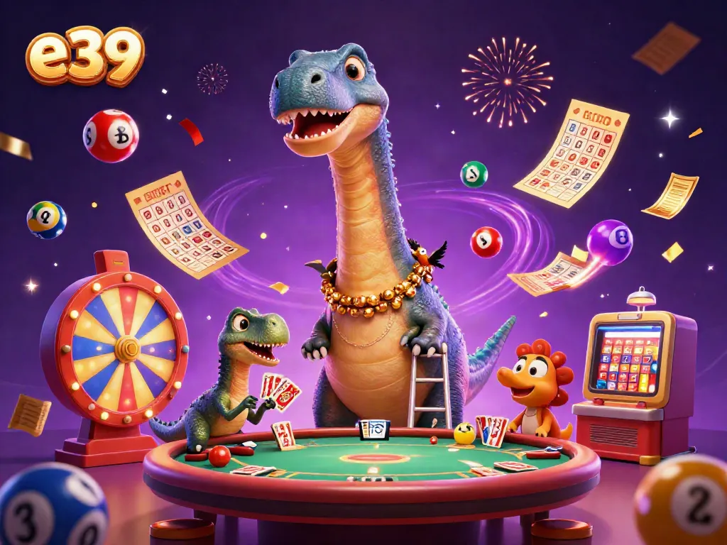 e39 casino illustration featuring a giant brontosaurus, raptor dealer, and dynamic game elements.