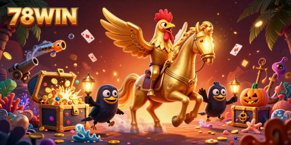 Experience thrilling games at 78WIN, featuring a golden rooster and dynamic casino elements in a vibrant scene.
