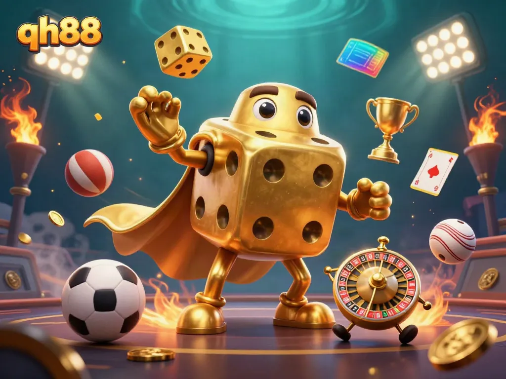 Experience thrilling gaming adventures at qh88 with golden dice, sports elements, and vibrant casino atmosphere.