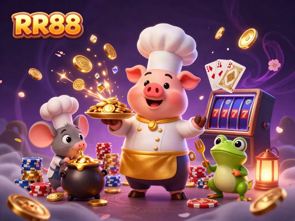 Experience RR88's vibrant casino world with coins, slots, and characters in action.