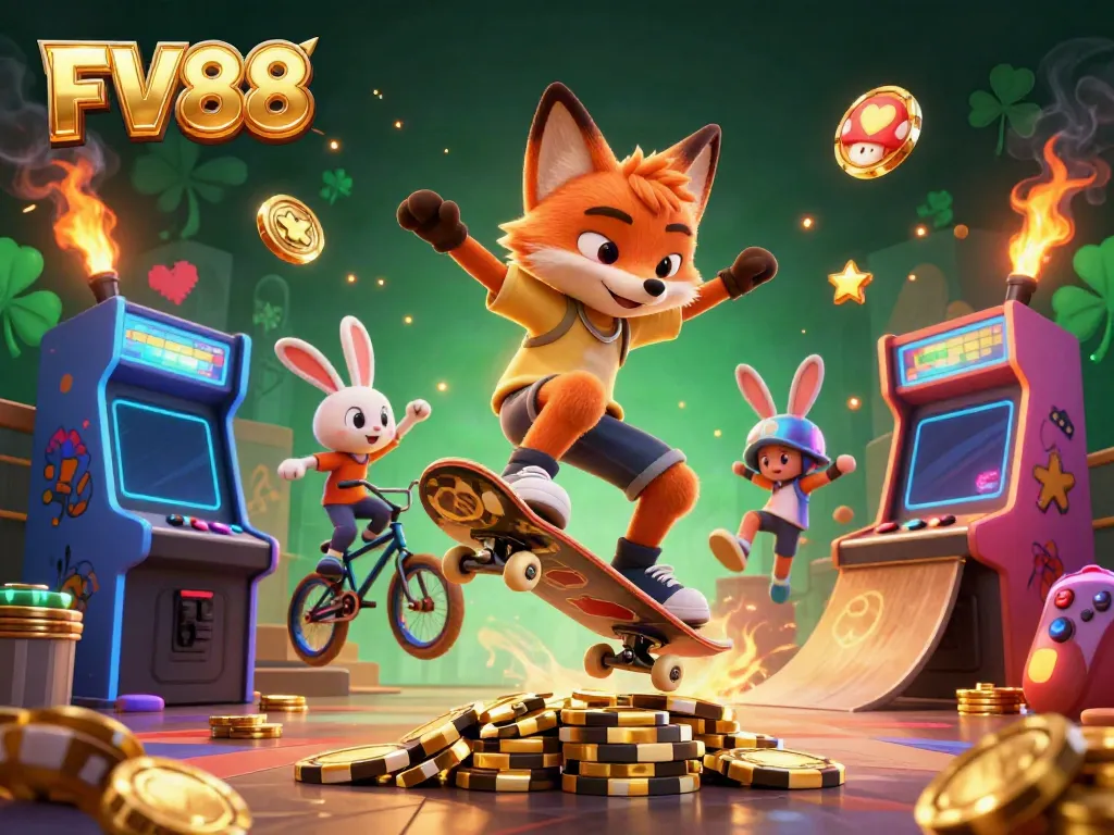 Experience FV88 gaming action with a skateboarder fox and BMX rabbit in a vibrant casino setting.