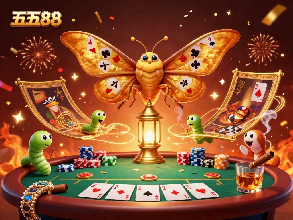 Experience the excitement of five88 with a dynamic casino scene featuring a moth and poker elements.