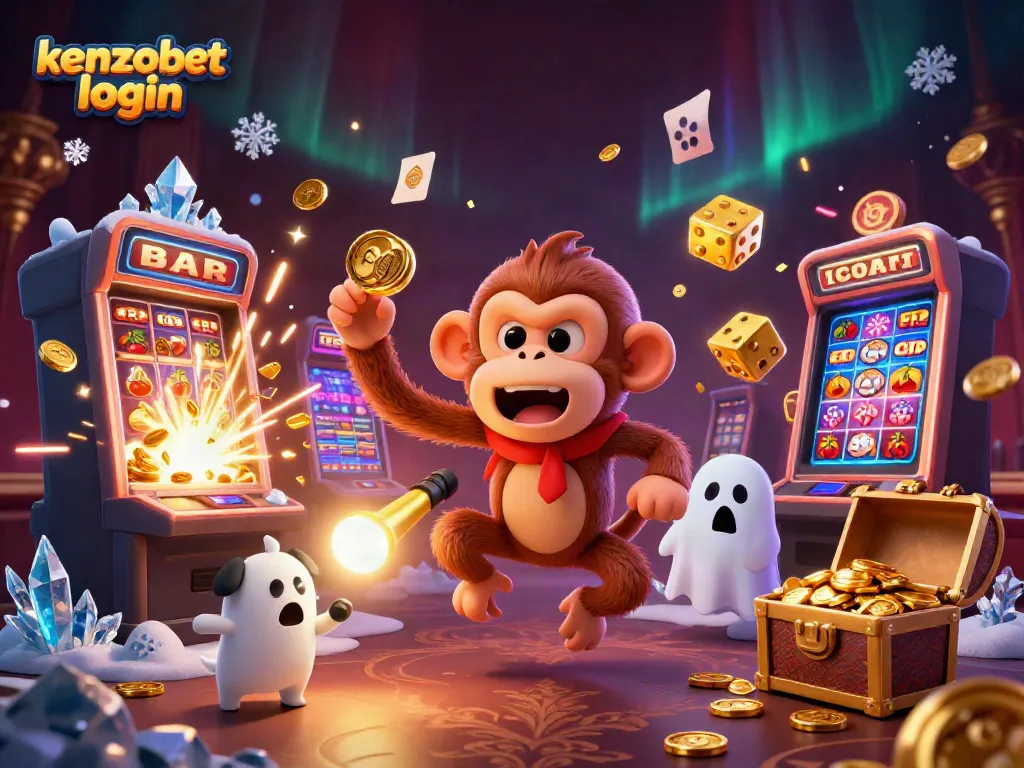 Experience thrilling gameplay at kenzobet login with a playful poltergeist monkey juggling golden coins in a vibrant casino scene.
