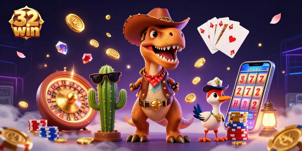 Experience thrilling gameplay at 32 win with a lively 3D casino scene featuring dynamic characters and gaming elements.