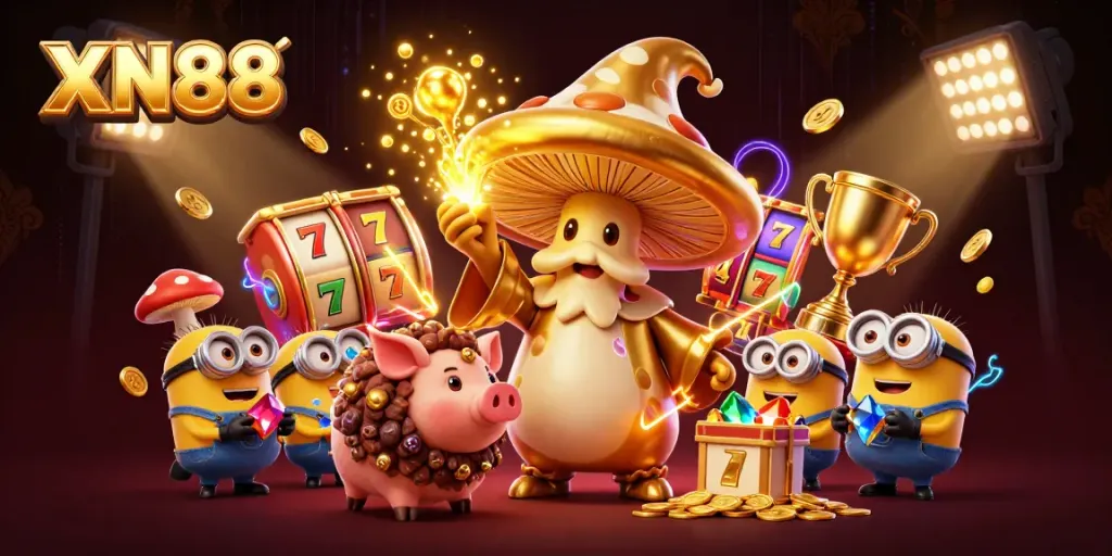 Engage in thrilling gameplay with XN88's golden mushroom wizard, vibrant slot symbols, and magical treasures!