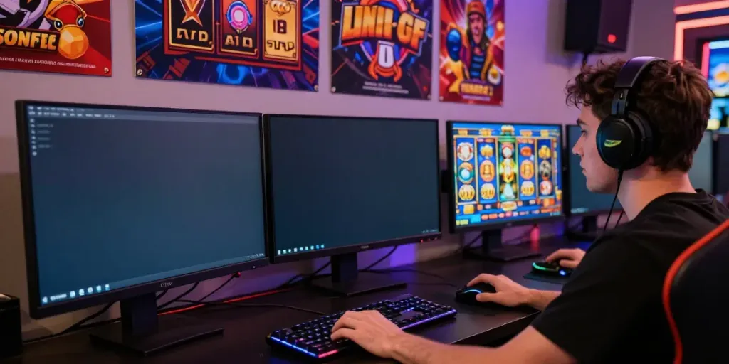 Engaged player enjoying link gacor slot games on desktop, vibrant atmosphere with gaming accessories.