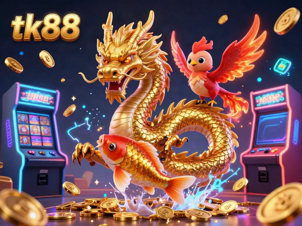 Experience thrilling gameplay at tk88 with a dynamic scene showcasing a dragon, phoenix, and gold coins.