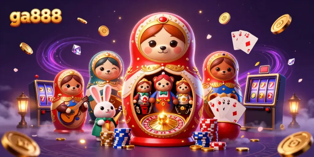Experience thrilling action at ga888 with a vibrant casino scene showcasing bear dealers and golden coins.