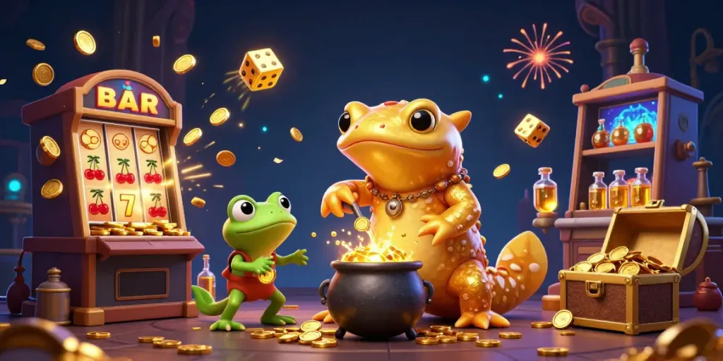UNYU168 menghadirkan permainan kasino modern dengan karakter alchemist emas dan slot machine menakjubkan.
