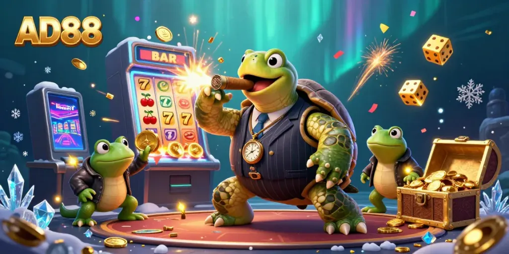 Experience thrilling gaming with AD88 in a vibrant 3D casino illustration featuring unique characters and dynamic action.