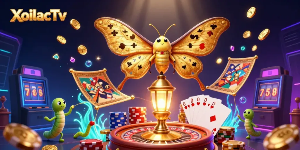 XoilacTv delivers exhilarating casino experiences with a dynamic 3D scene filled with vibrant characters and gambling elements.