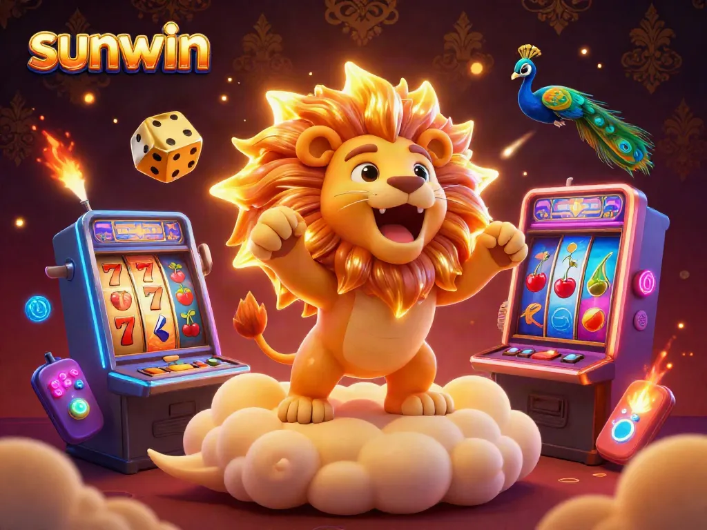 Experience the thrill of sunwin with a roaring sun lion amid vibrant slot machines and golden dice.