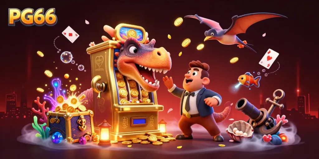 PG66 casino scene with a cartoon pachycephalosaurus hitting a slot machine, catching coins, and underwater treasures.