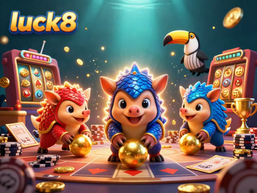 Experience the excitement of luck8 as pangolins roll through gold coins and poker chips in a vibrant casino atmosphere.