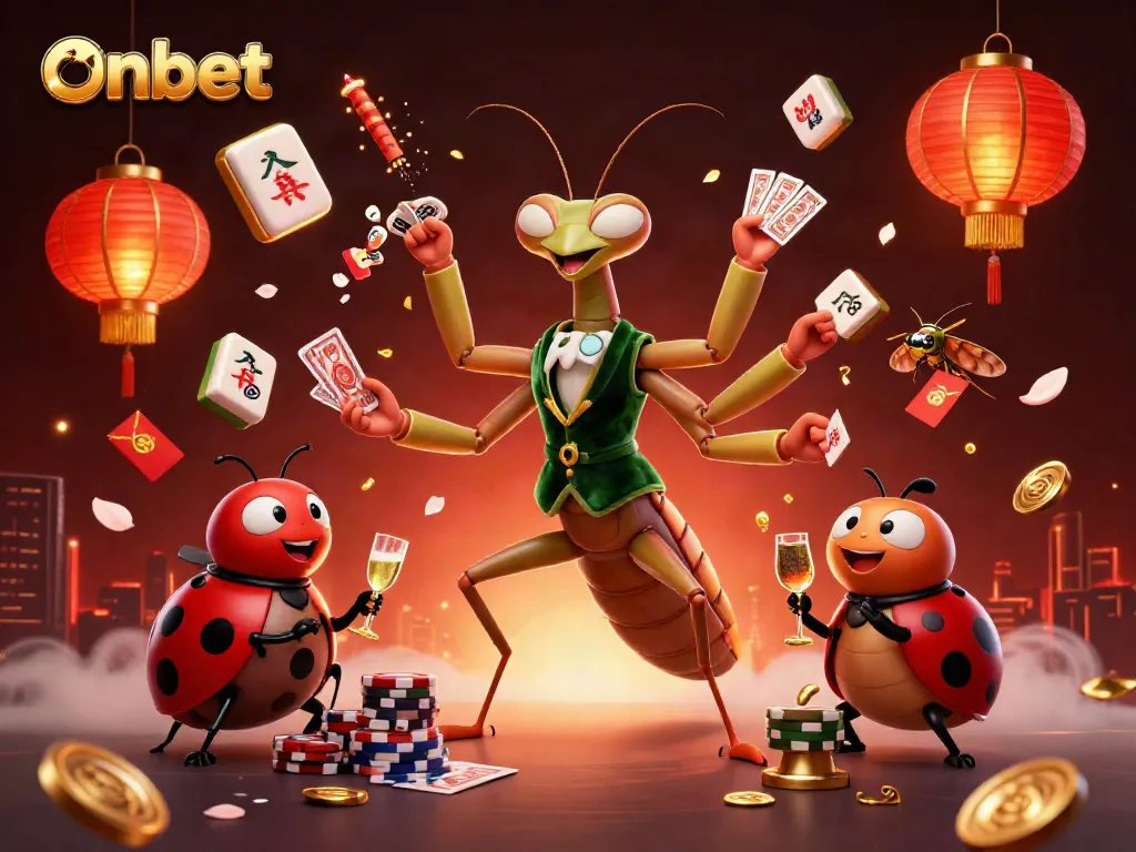 Experience thrilling gaming at onbet with an engaging 3D illustration of a giant card sharp and ladybug pit boss.