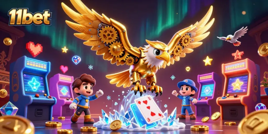 Experience the thrilling excitement of 11bet with a vibrant 3D casino game scene full of engaging elements.