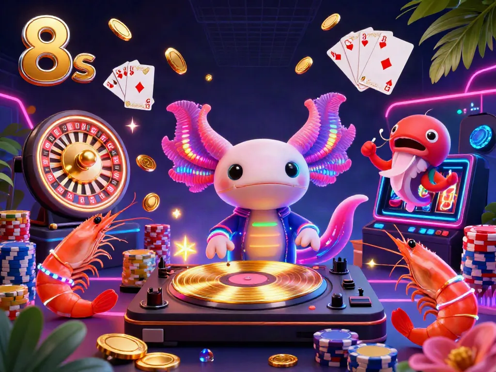 Experience thrilling gaming with 8s in this vibrant scene featuring a neon axolotl DJ, lively shrimp dancers, and rich casino elements.