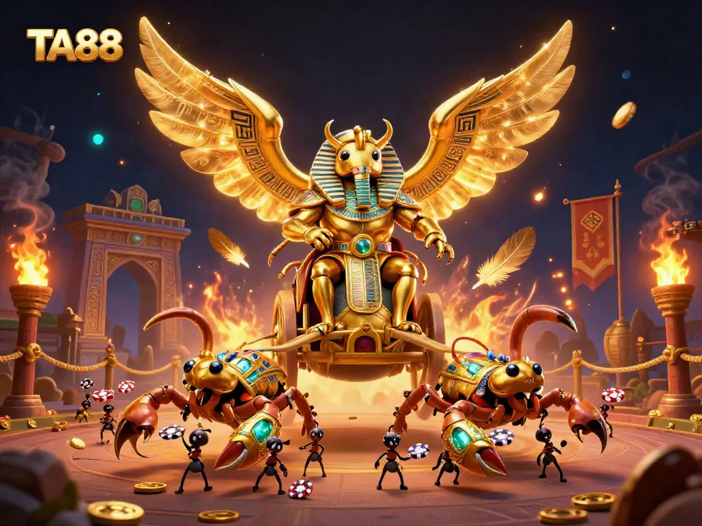 TA88 showcases a vibrant casino scene with golden scarabs and poker chips in action