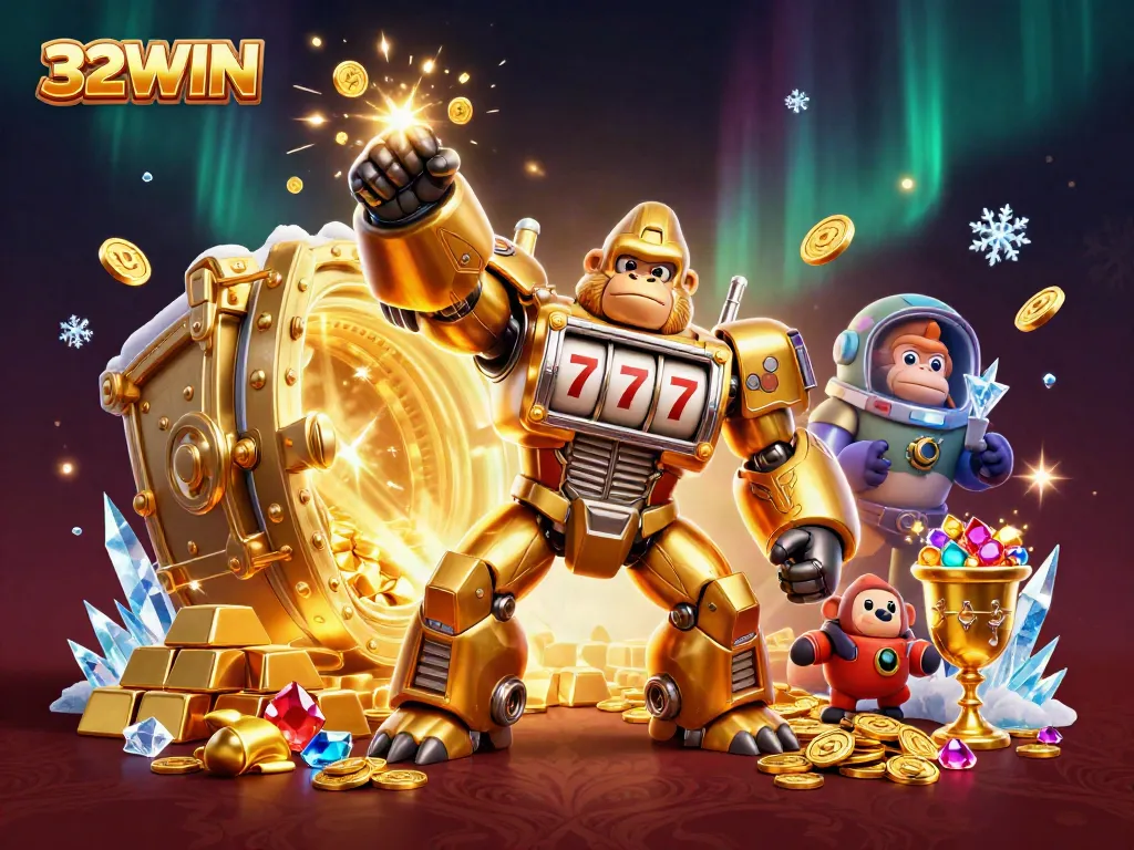 Engage with 32WIN's golden gorilla mech in a thrilling casino adventure featuring vibrant treasures and excitement.