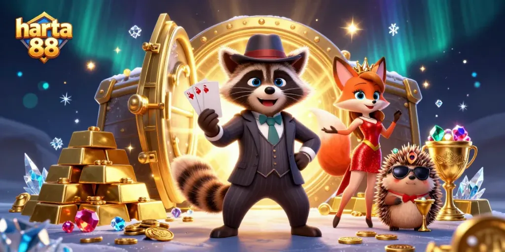 Experience the thrill of harta 88 with a raccoon in a royal flush scene amidst gold and jewels.