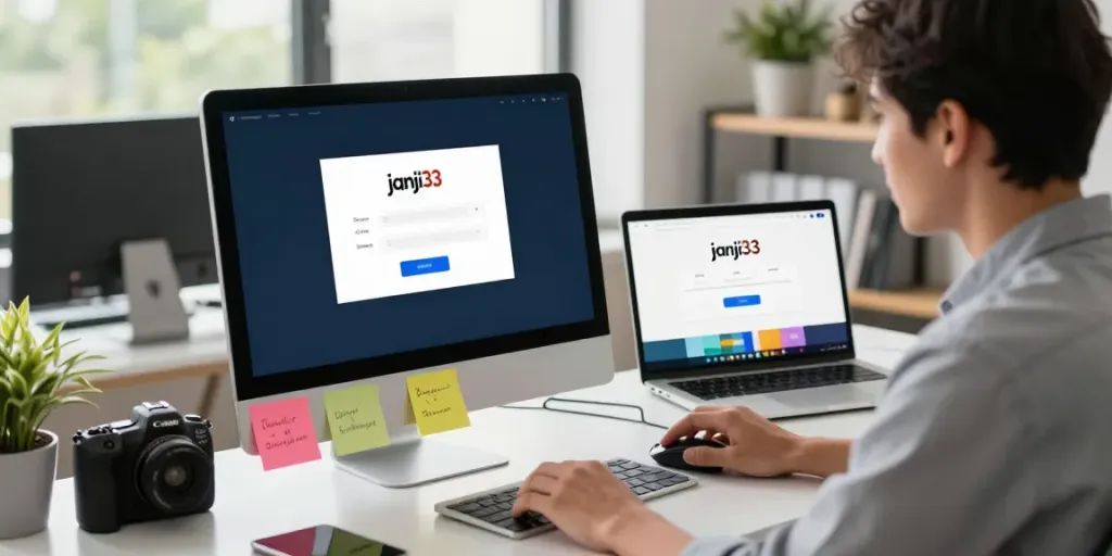 Engaging workspace scene showing janji33 login interface on a desktop.