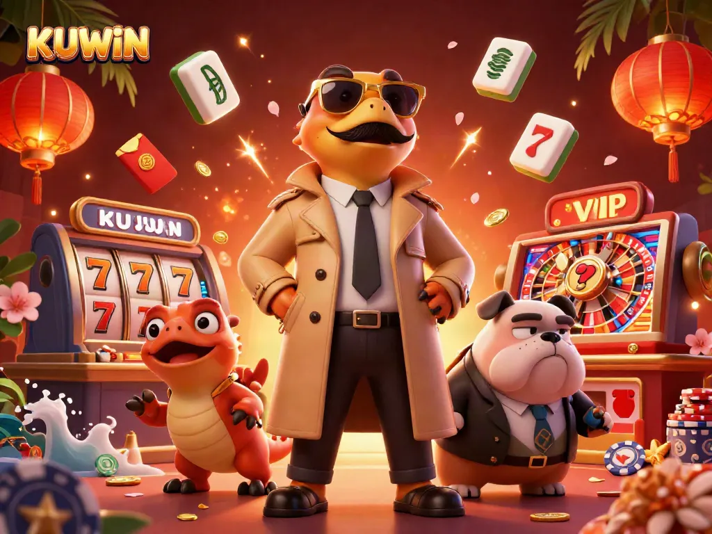 KUWIN-themed illustration depicting raptors in a trench coat entering a casino lounge filled with gaming elements.