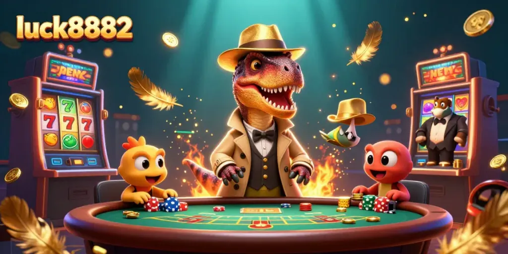Engage in an exciting blackjack game with the luck8882 velociraptor card counter, surrounded by vibrant casino elements.