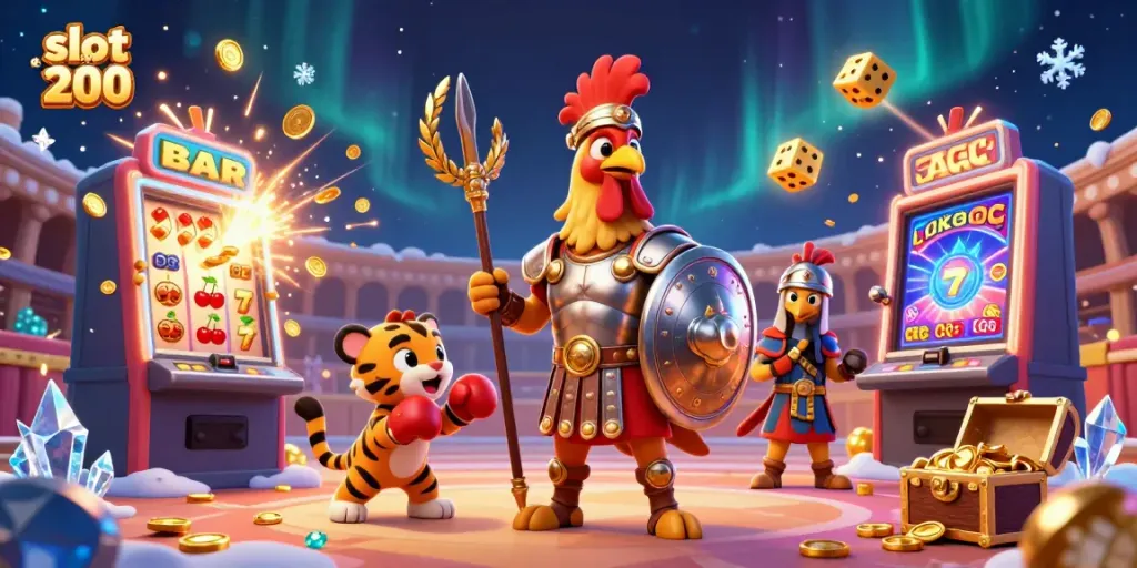 Gambaran slot bet 200 yang menampilkan ayam jantan berperisai dalam arena kasinò dengan simbol jackpot terbang.