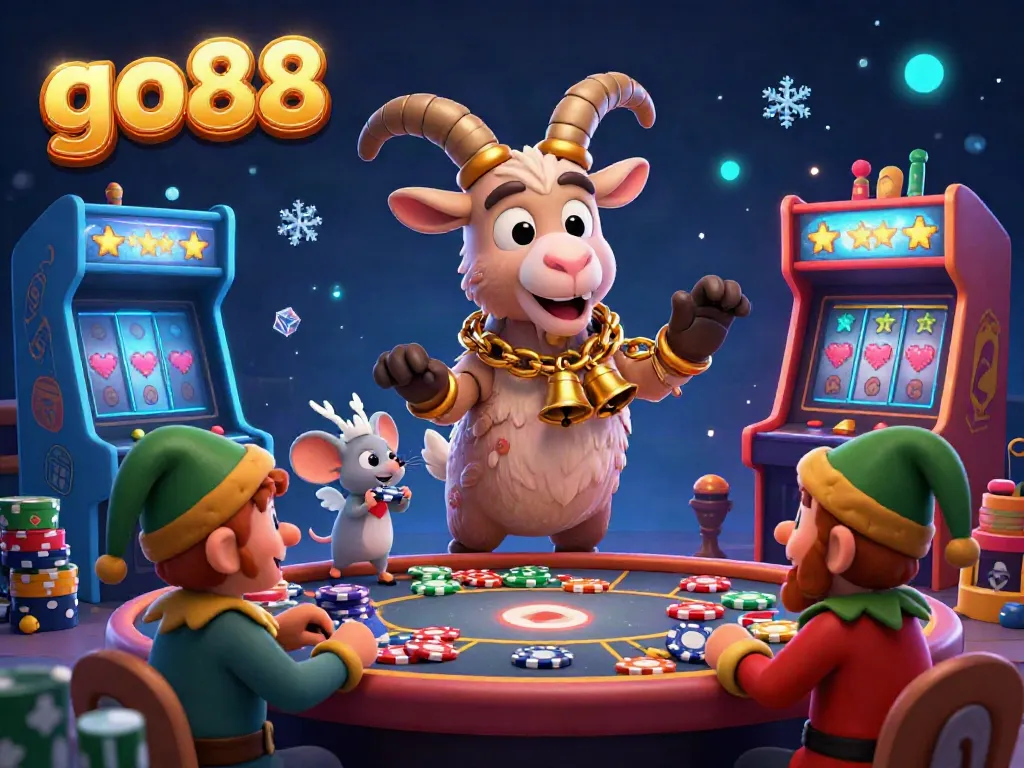 Experience the thrilling atmosphere of go88's lively casino with festive characters in a whimsical scene.