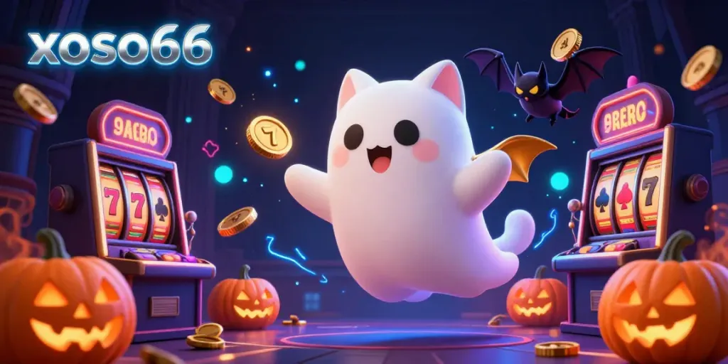 Engage with xoso66 in a vibrant haunted casino with a friendly ghost cat and bat companion amidst swirling coins.