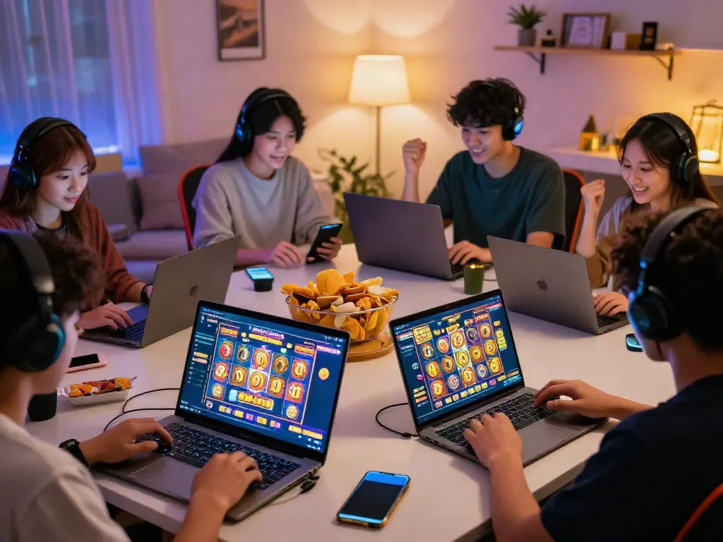 Celebration of a big win on situs slot gacor in a vibrant online gaming room with diverse players.