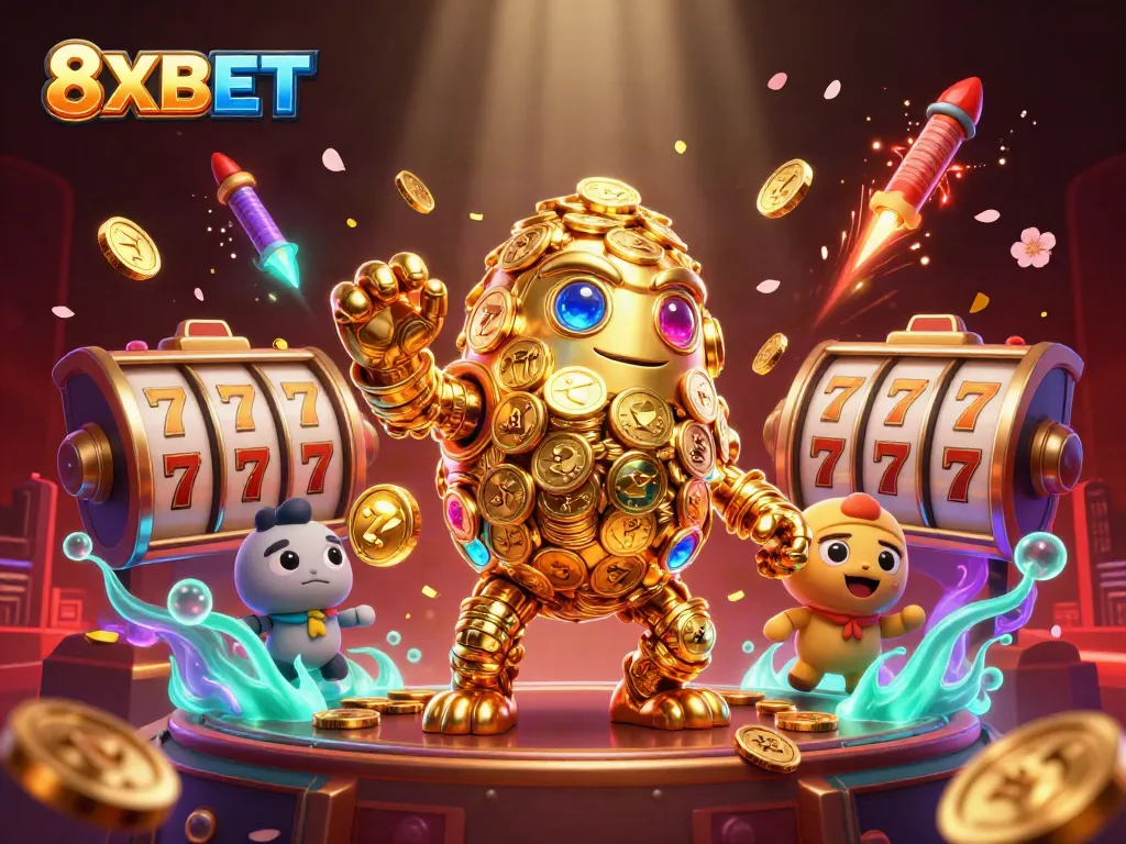 Experience the thrill of 8XBET with a dazzling 3D gold golem and vibrant casino elements.
